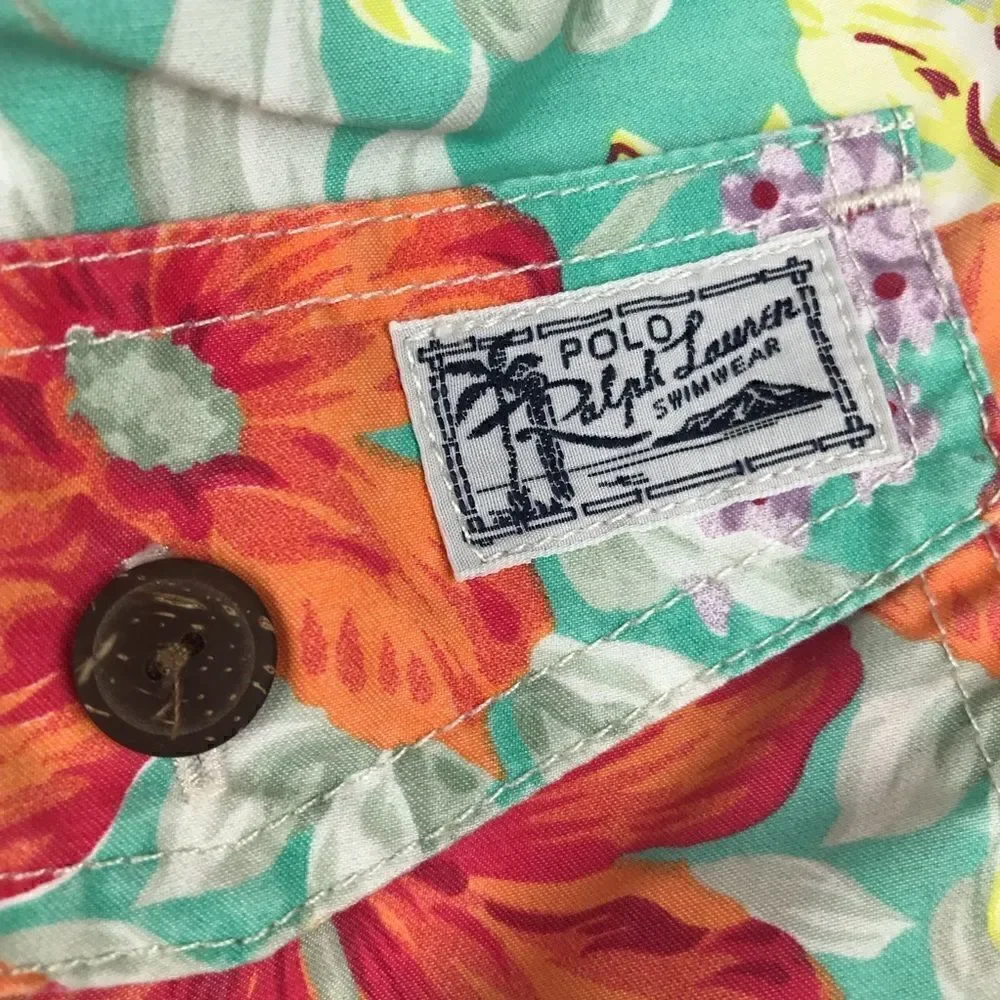 Polo Ralph Lauren Teal and Orange Hibiscus Tropical Print Swim Trunks